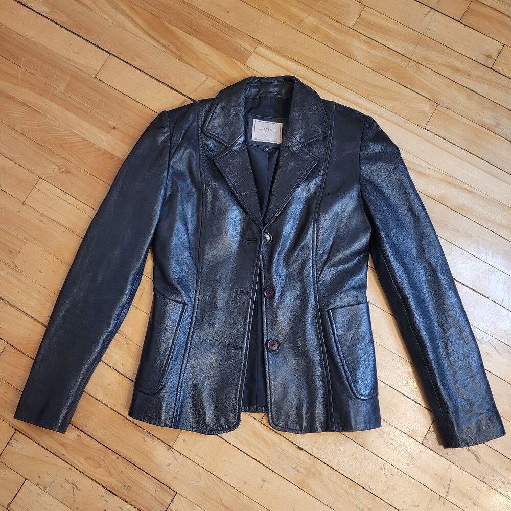 Cortefiel Black 100% Genuine Leather‎ Blazer Jacket